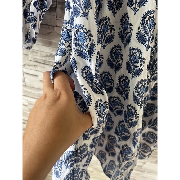 J Crew V Neck Mini Bouquet Block Print Blue White Lined XS Smocked Dress - Picture 5 of 11